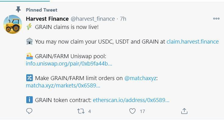 Harvest Finance赔付方案实施，但补偿用户的GRAIN上线即暴跌