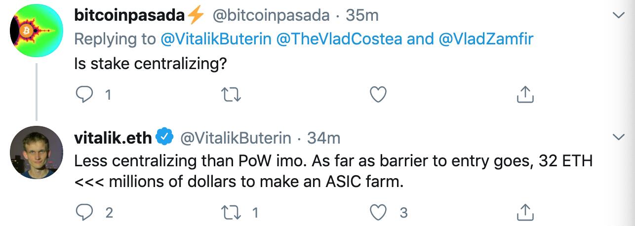 V神：PoS的进入壁垒远远低于PoW