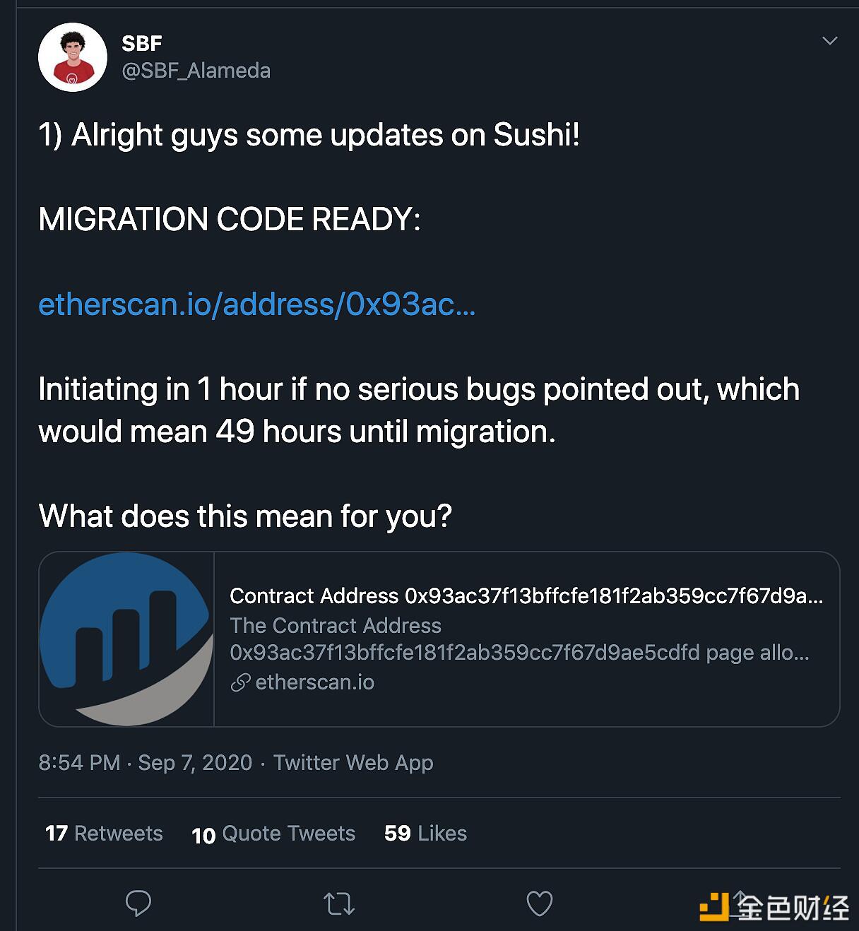 SBF更新SushiSwap进展：迁移代码已部署，多签投票即将开始
