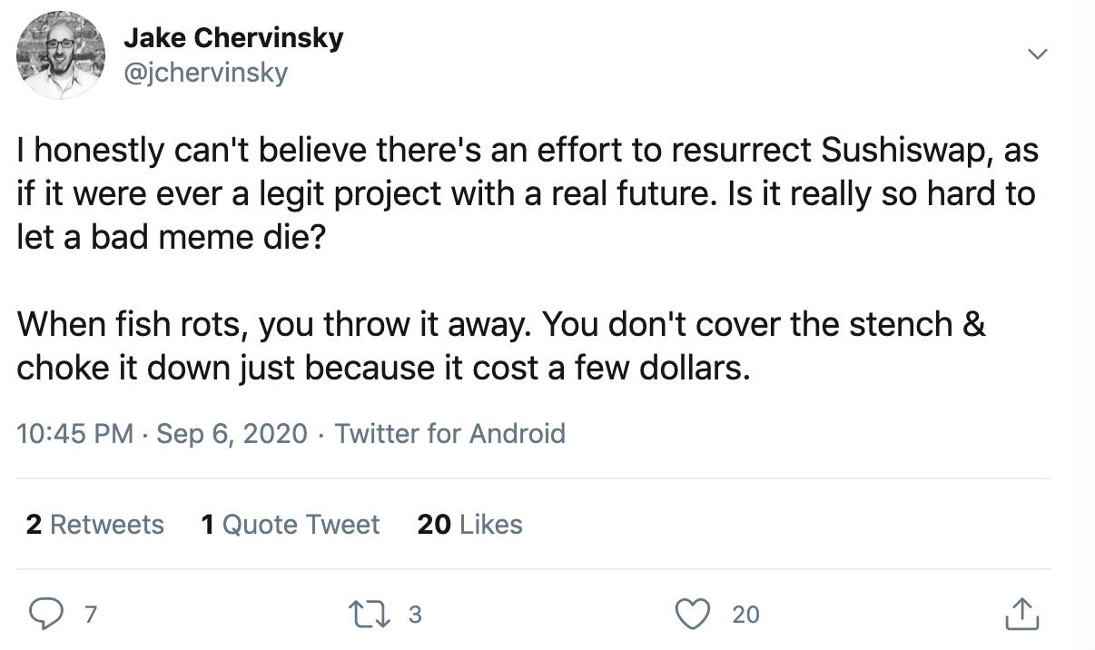 Compound总法律顾问：不敢相信有人在努力复兴Sushiswap