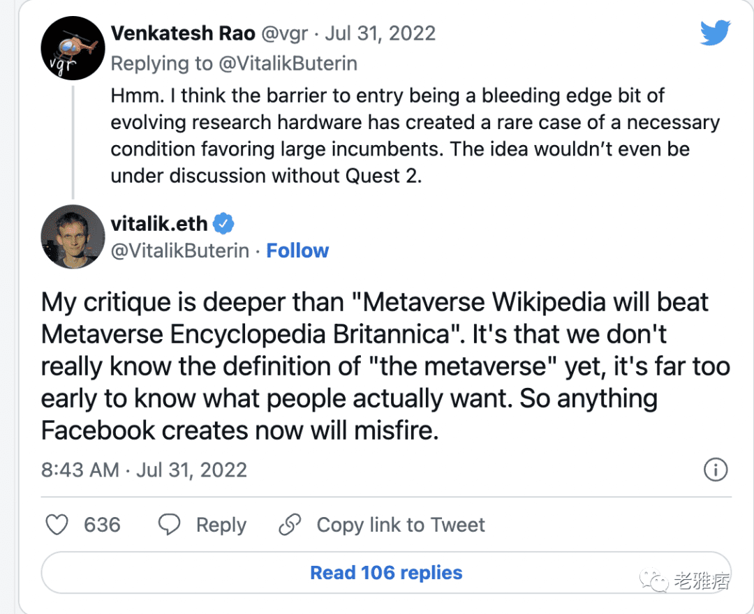 Vitalik ：Metaverse 会发生，但Meta的实验将会失败