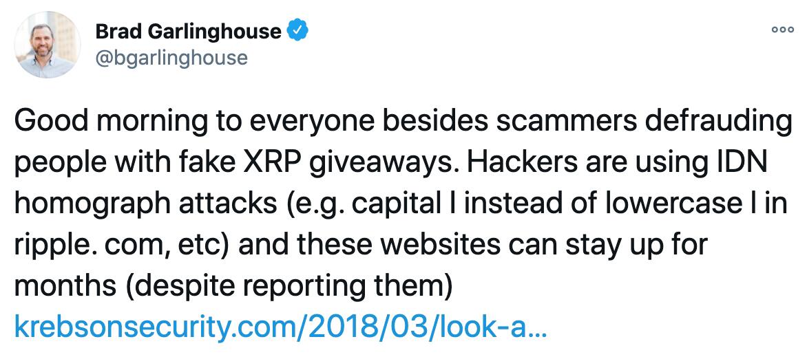 Ripple首席执行官：黑客正在使用IDN同形攻击