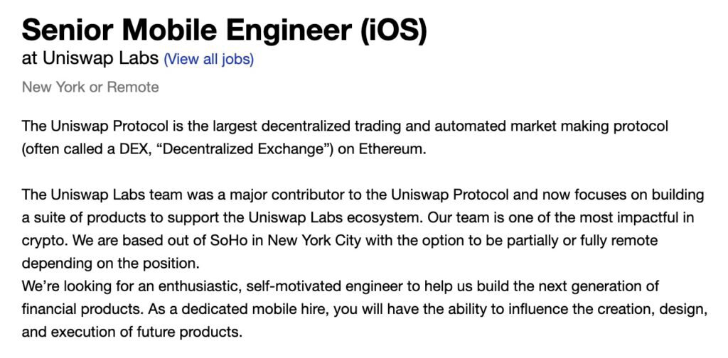 将推手机App？Uniswap Labs正招募苹果iOS高端工程师