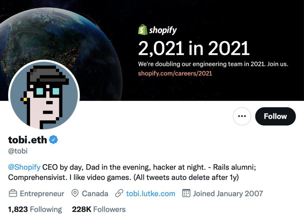 Shopify CEO300万买ENS域名放上推特 并换上Cryptopunks头像