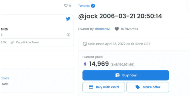 Jack Dorsey推特首则推文NFT以14969枚以太币在OpenSea出售