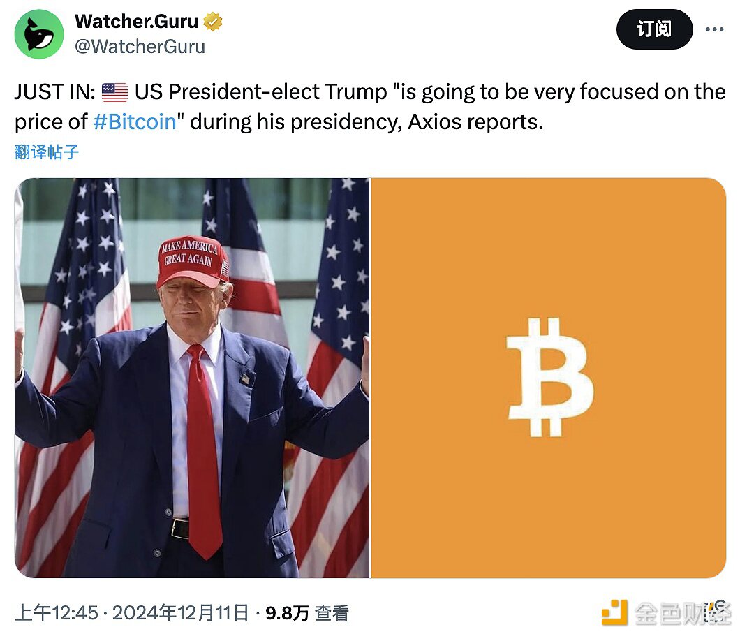 特朗普将在任期内高度关注比特币的价格