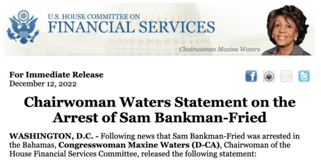 美众议员Maxine Waters：对SBF被捕无法出席FTX听证会十分失望