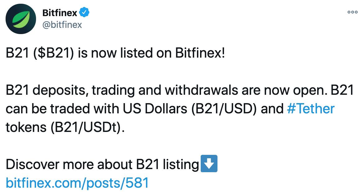 Bitfinex现已上线B21