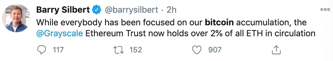 灰度CEO:灰度以太坊信托持有流通中ETH总量的2%