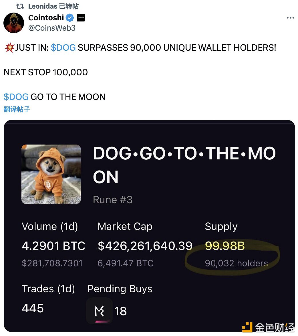 符文DOG•GO•TO•THE•MOON独立钱包持有者数量超过9万名