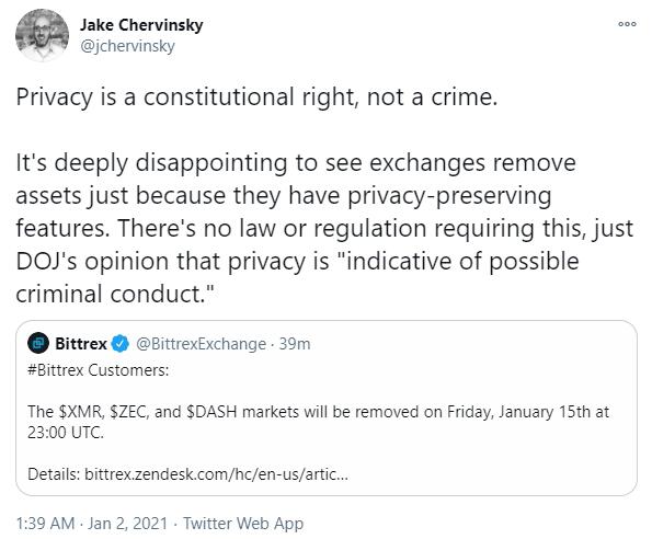 Compound总法律顾问:交易所下架隐私币令人失望
