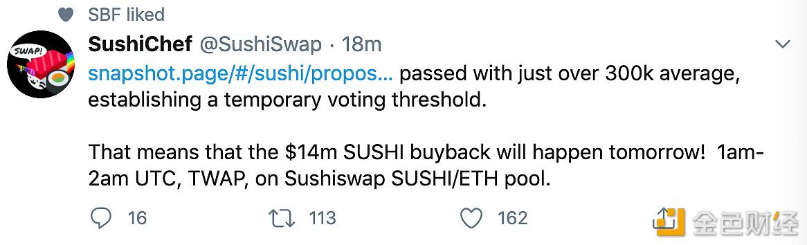 Sushiswap投票通过后将进行1400万美元SUSHI代币回购