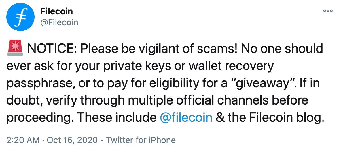 Filecoin提醒用户警惕诈骗,不要提供私钥或为获得“赠品”而付费