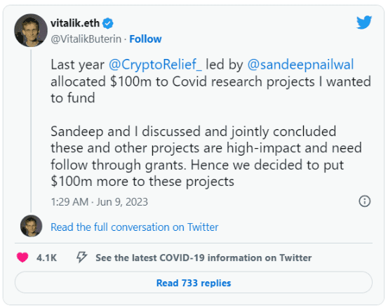 Vitalik Buterin 再捐赠 1 亿美元用于资助 Covid 救济项目