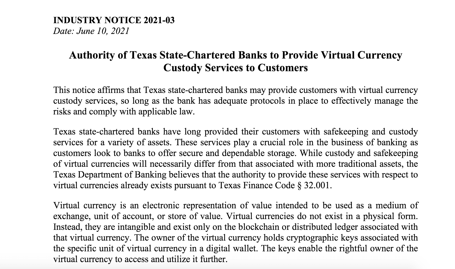 德州快人一步！正式允许州特许银行托管加密货币