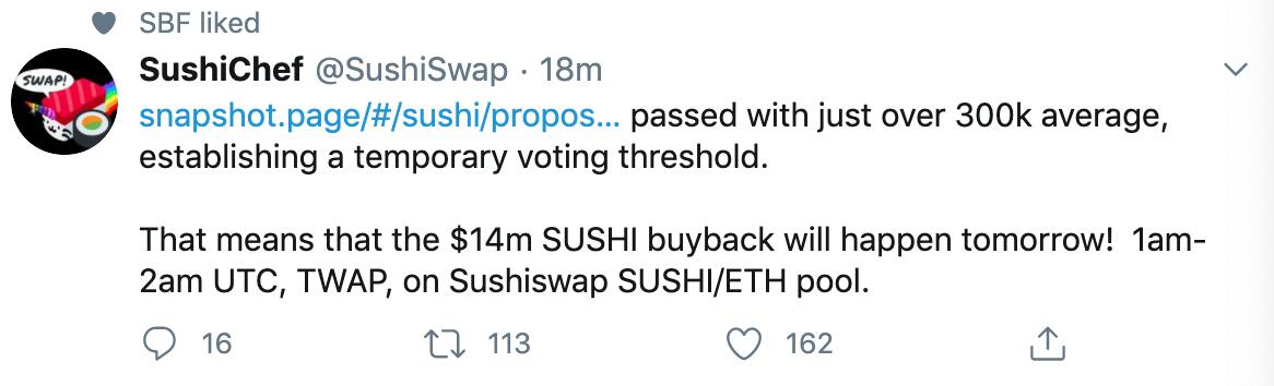 Sushiswap投票已通过明日将进行1400万美元SUSHI代币回购