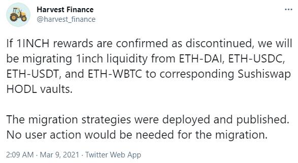 HarvestFinance: Liquidity will be shipped to Sushiswap at the end of the 1INCH price.