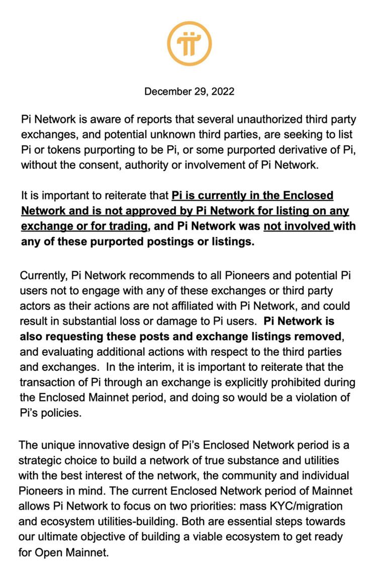 Pi Network再声明：已要求各交易所下架Pi币！未授权任何上架