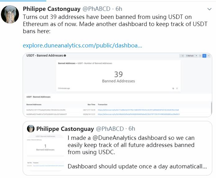 以太坊研发者跟踪发现已有39个USDT相关地址都被列入黑名单