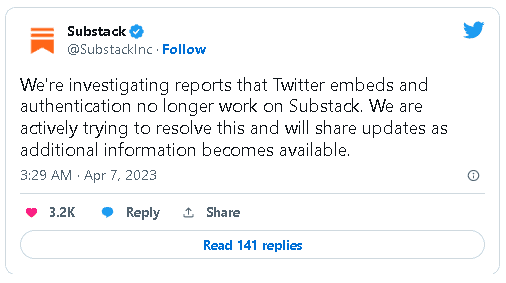 Twitter 似乎已经阻止了与包含 Substack 链接的推文的所有交互