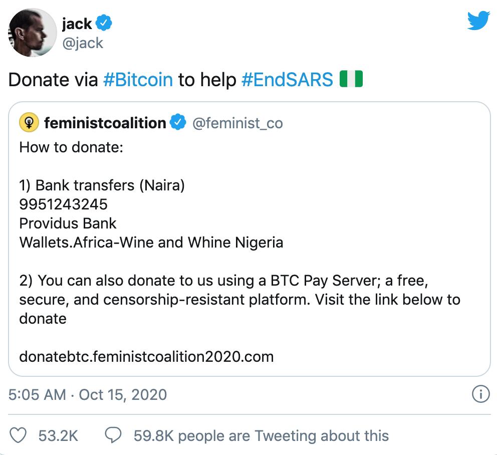 推特CEO敦促捐赠比特币以结束尼日利亚警察暴行