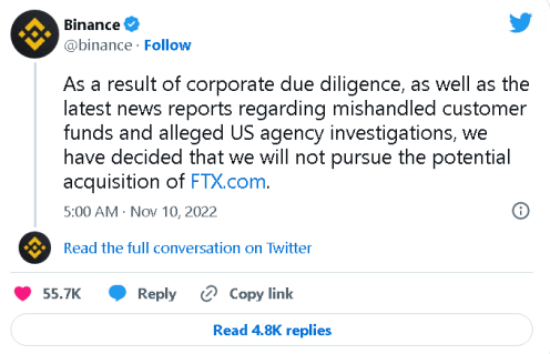币安宣布放弃收购FTX 尽调后称潜在问题不可控