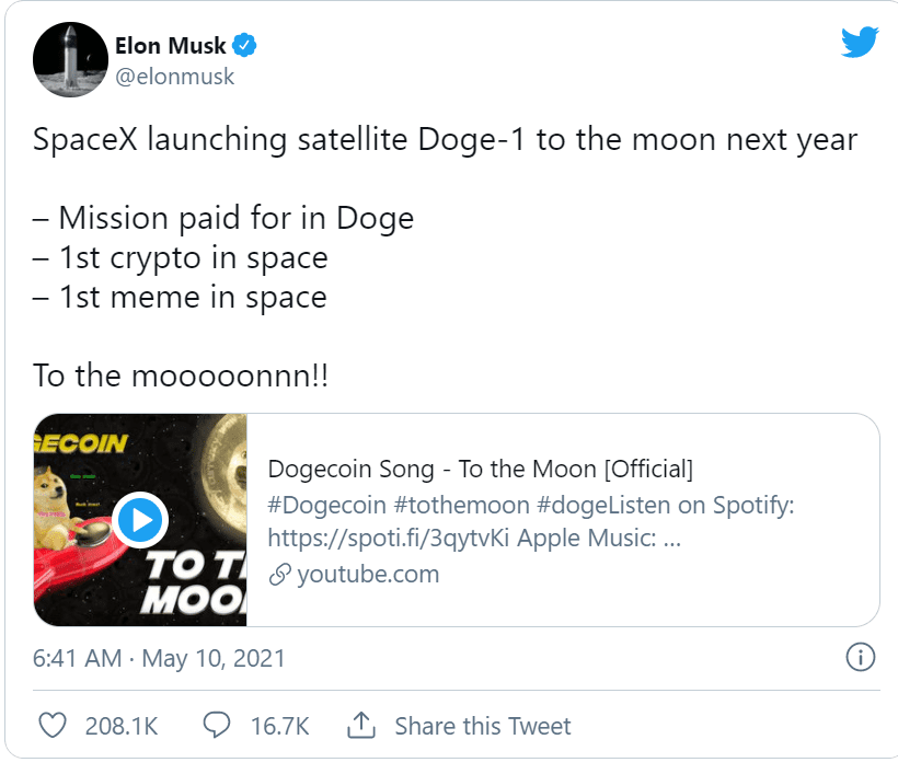 再为狗狗币带货！马斯克宣布SpaceX接受狗狗币支付，明年向月球发射狗狗一号卫星