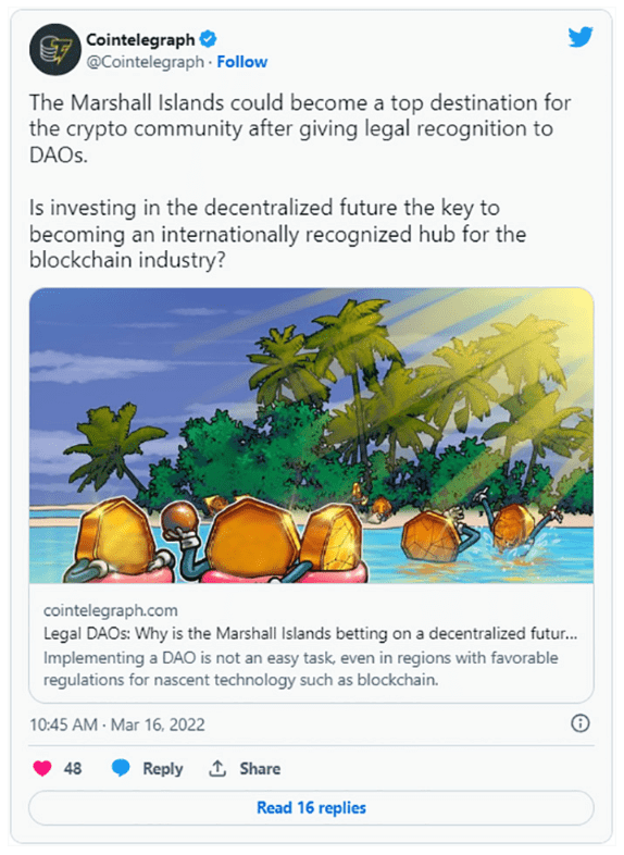 马绍尔群岛在法律上承认 DAO 为国内有限责任公司