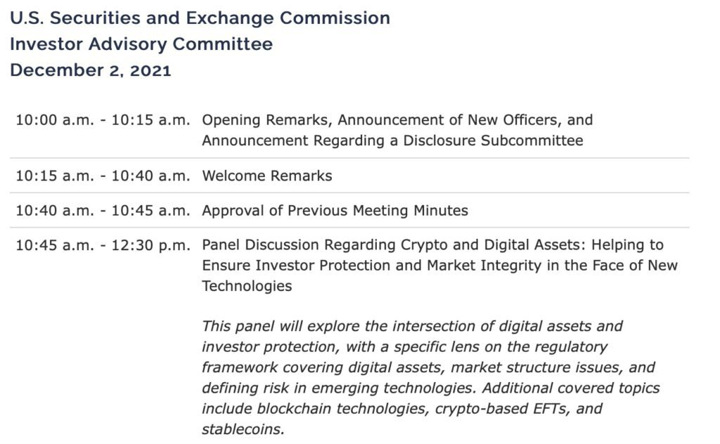 SEC 12/2将举办投资者咨询会议 探讨加密币监管、ETF、稳定币