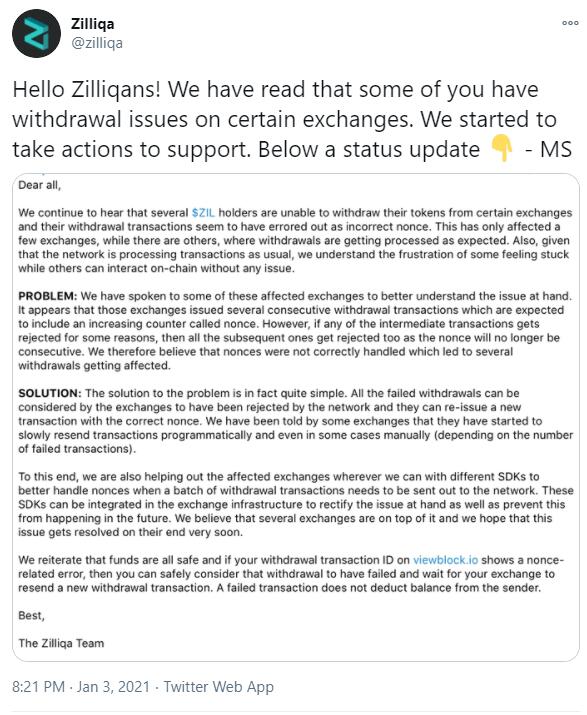 Zilliqa：因故障导致在交易所上无法提取ZIL已发布解决方案