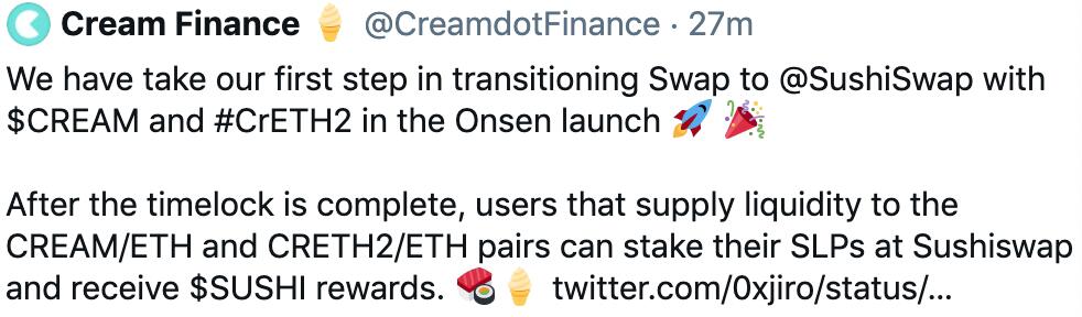 CreamFinance：Onsen用户提供流动性可获Sushi奖励