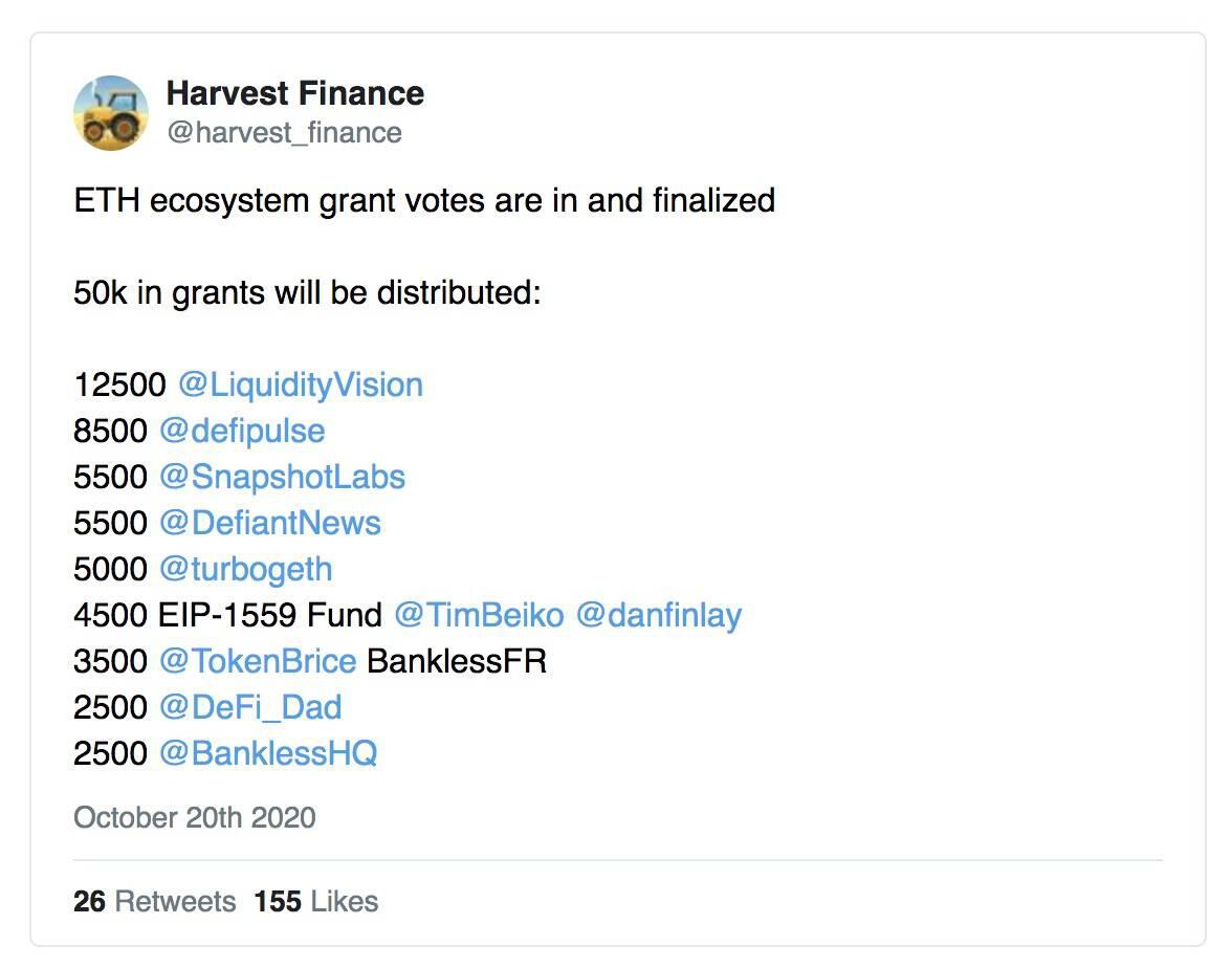 DeFi项目Harvest Finance造成用户损失超2000万美元，知名KOL提醒称项目存在重大风险