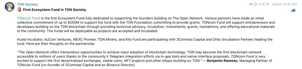 暴涨7%！TONcoin Fund募得2.5 亿美元 支持TON融资、教育