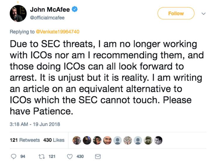 由于“SEC事件”的威胁John McAfee将不再推动ICO (2)