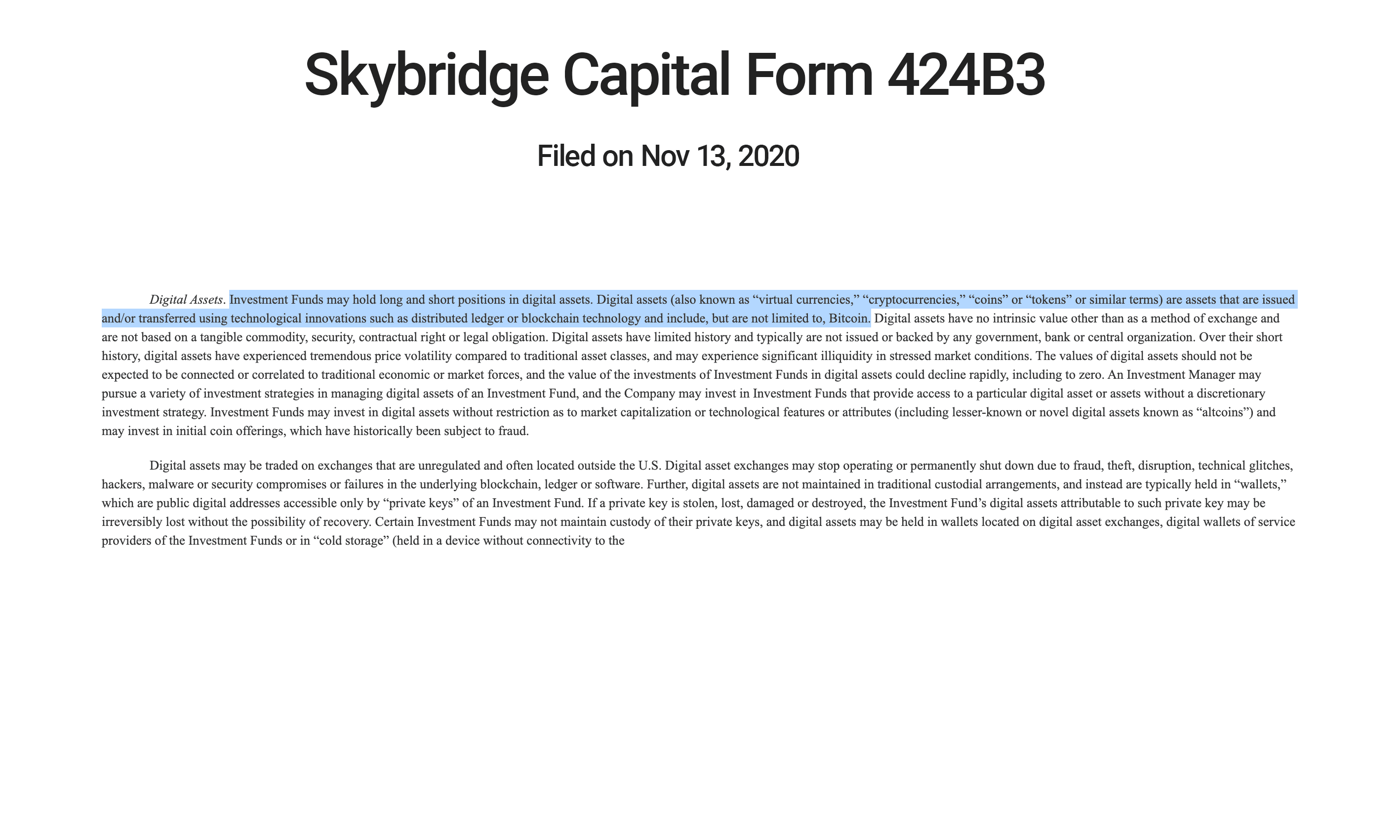 知名对冲基金公司SkyBridge Capital要入场比特币了
