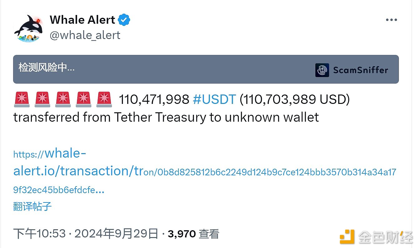 1.1亿枚USDT从TetherTreasury转移到未知钱包