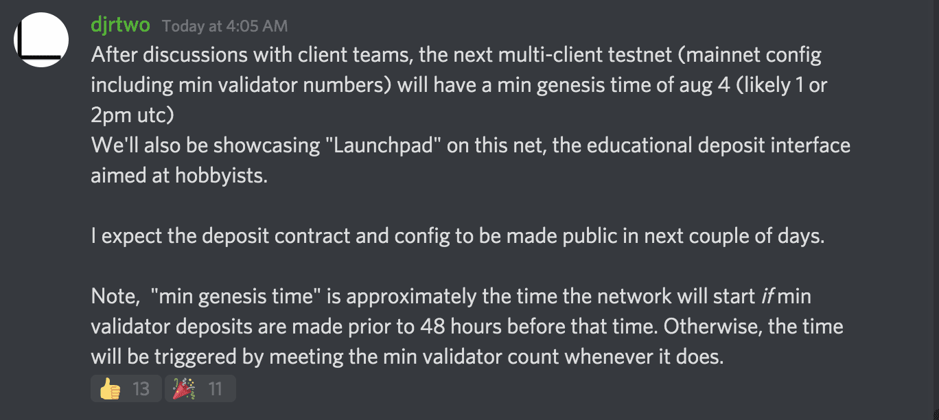 以太坊2.0最终测试网将于8月4日启动，2.0主网最早11月4日到来