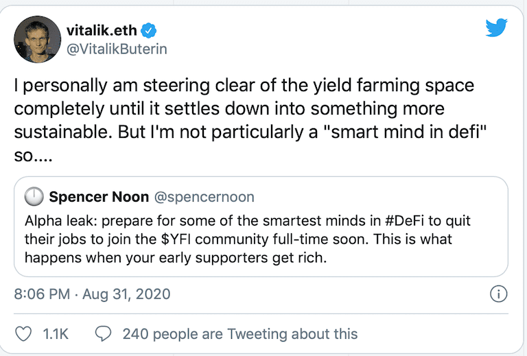 Vitalik Buterin：Yield Farming市场不可持续，自己会完全避开这一领域
